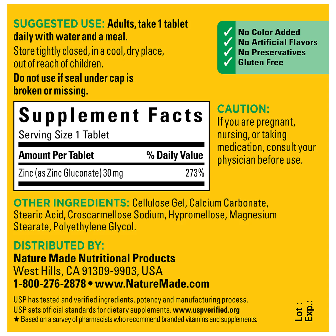 Zinc 30mg, Nature Made, 100 Tabletas - Imagen 2
