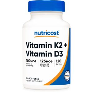 Vitamina K2 + Vitamina D3, Nutricost, 120 Cápsulas Blandas