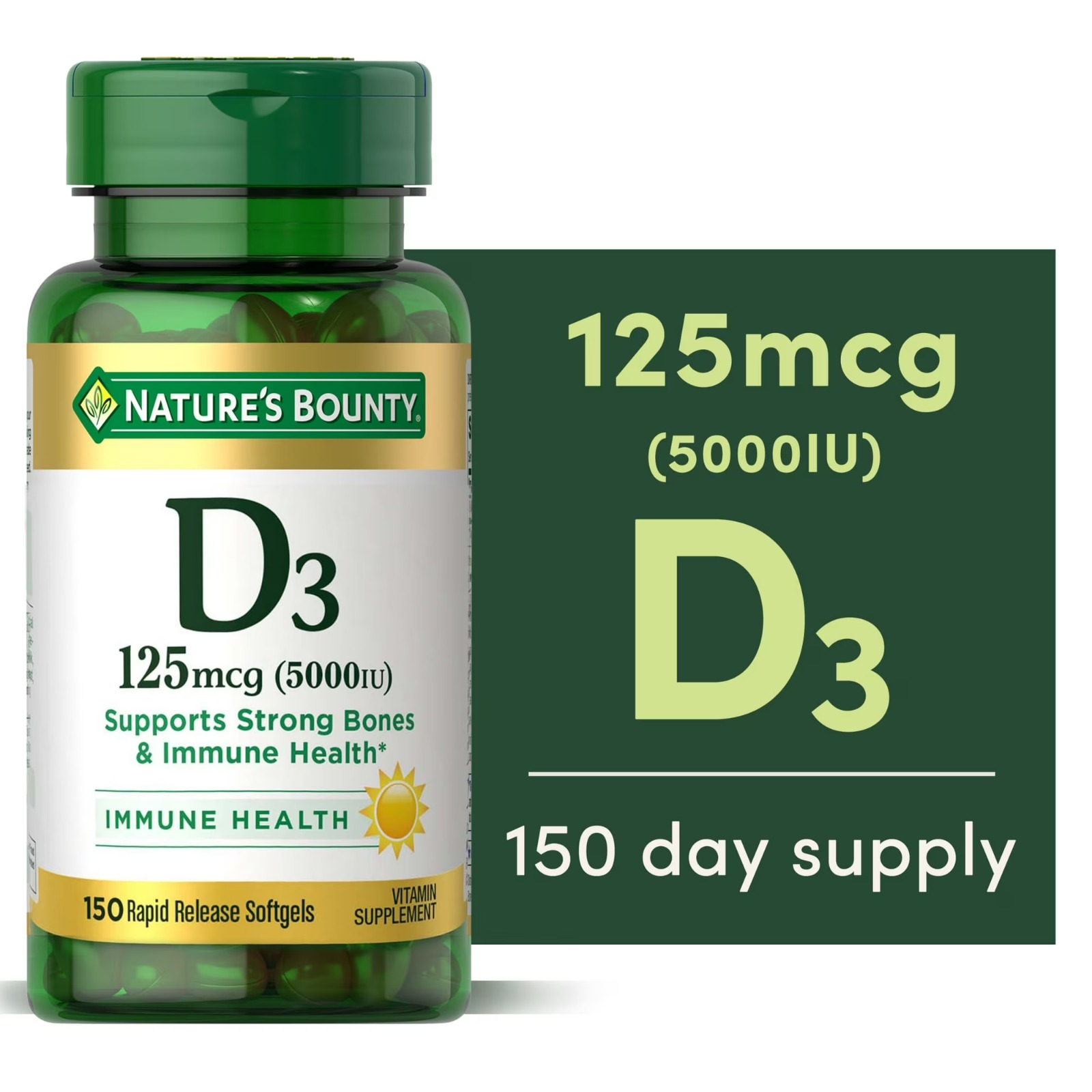 Vitamina D3 125mcg, Nature's Bounty, 150 Cápsulas Blandas
