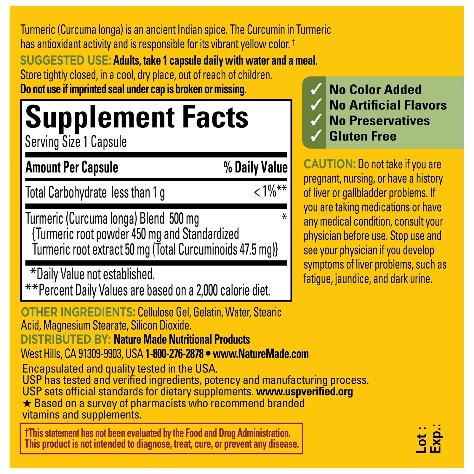 Turmeric Cúrcuma 500mg, Nature Made, 60 Cápsulas - Imagen 3