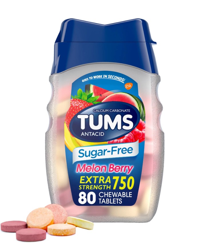 Tums Tabletas Antiácidas Masticables Extrafuertes Sin Azúcar, Sabor Melon Berry, 80 Tabletas