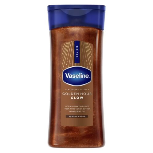 Vaseline Glazed & Glisten Shimmering Gel Oil Brillo de Hora Dorada, con Vainilla y Manteca de Cacao, 200 ml