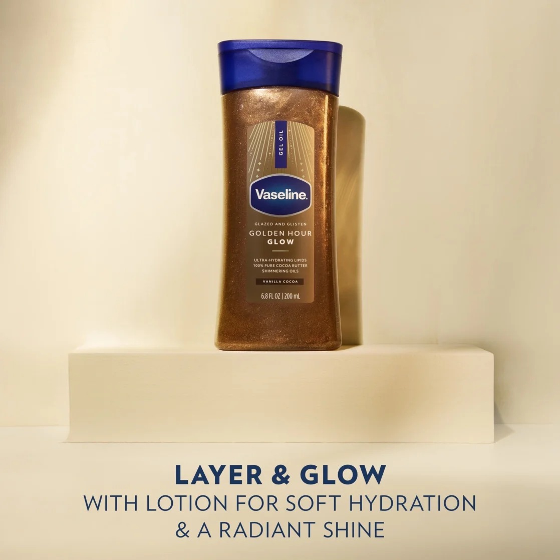 Vaseline Glazed & Glisten Shimmering Gel Oil Brillo de Hora Dorada, con Vainilla y Manteca de Cacao, 200 ml - Imagen 2