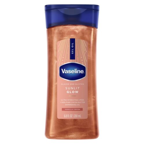 Vaseline Brillo champán de melocotón Aceite de Gel Corporal Brillante, con Vainilla y Manteca de Cacao, 200 ml