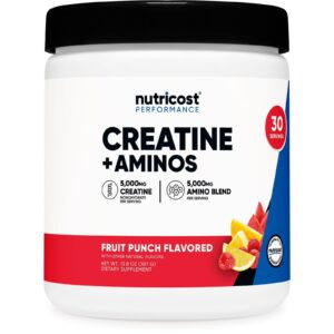 Creatina + Aminoácidos (Sabor a Frutas), 5000 Mg de Monohidrato de Creatina + 5000 Mg de Mezcla de Amino BCAA por Porción, Nutricost, 30 Porciones