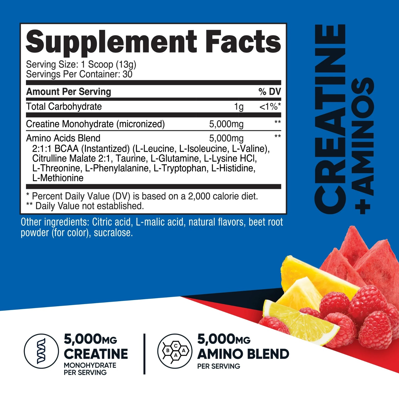 Creatina + Aminoácidos (Sabor a Frutas), 5000 Mg de Monohidrato de Creatina + 5000 Mg de Mezcla de Amino BCAA por Porción, Nutricost, 30 Porciones - Imagen 2