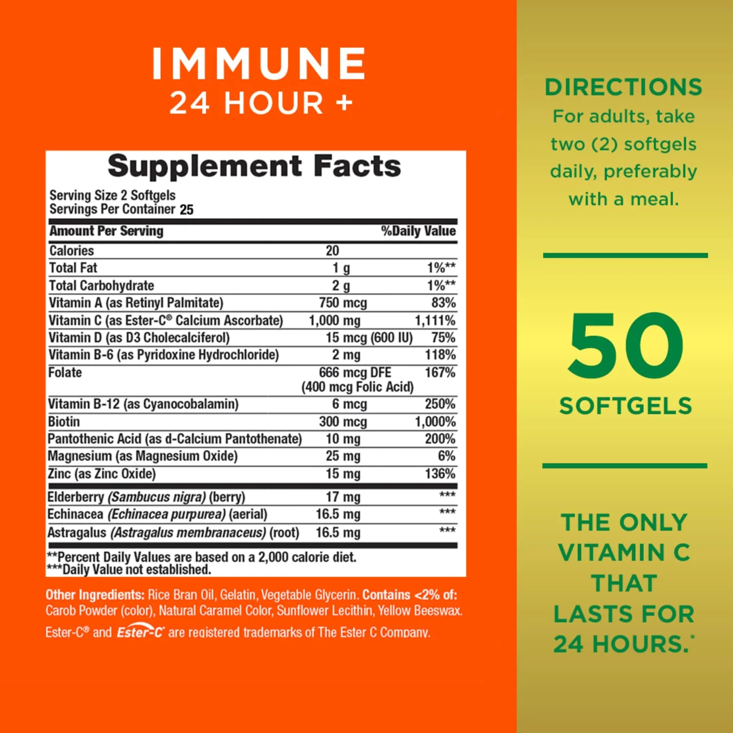 Inmune 24 Horas de Vitamina C, D3 y Zinc 1000mg, Nature's Bounty, 50 Unidades - Imagen 3