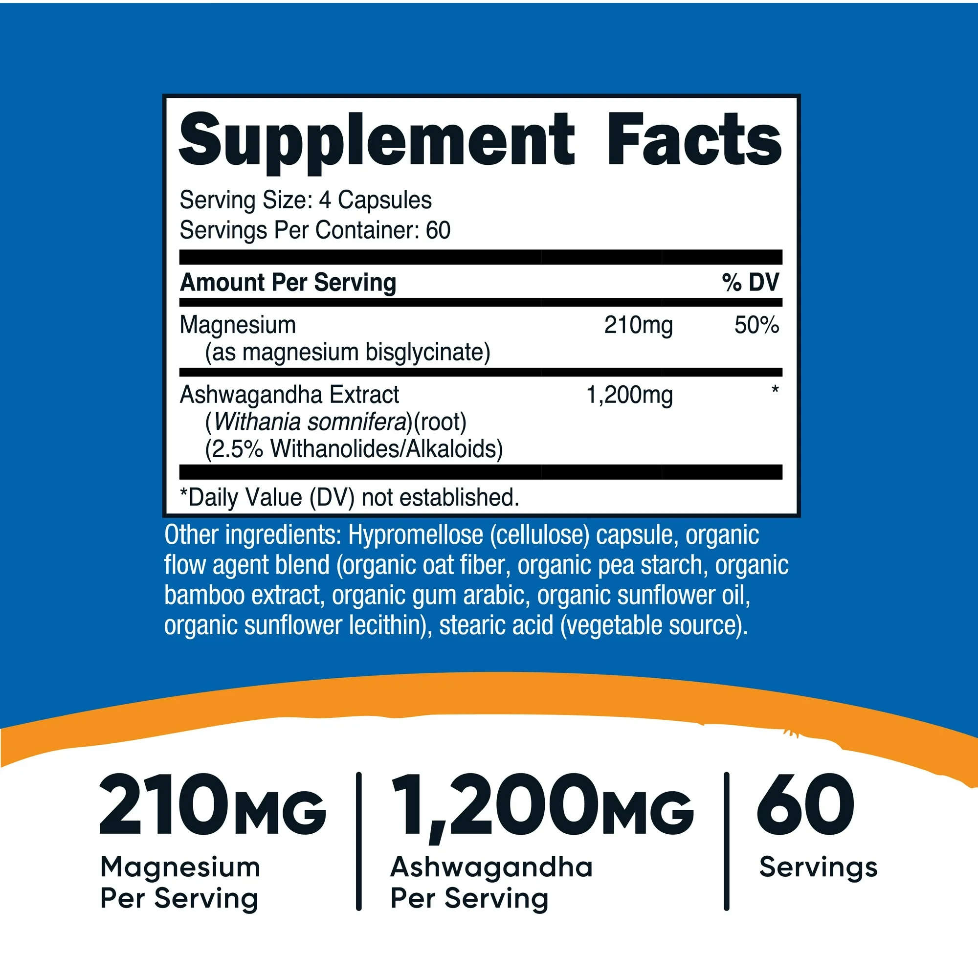 Magnesio 210mg+ Ashwagandha 1,200mg, Nutricost, 60 Porciones - Imagen 2