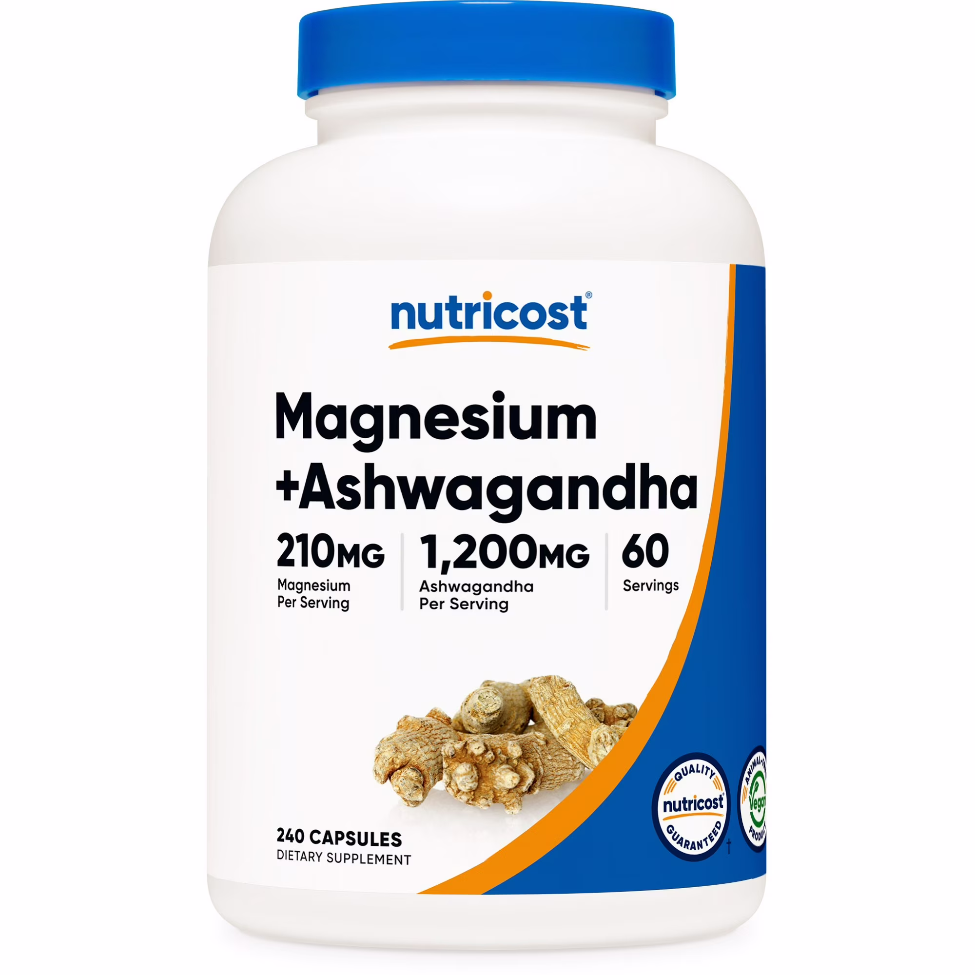 Magnesio 210mg+ Ashwagandha 1,200mg, Nutricost, 60 Porciones