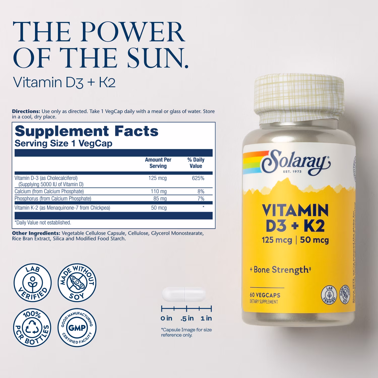 Vitamina D3 + K2 / Vitaminas D 125mcg y K 50mcg, Solaray, 60 Cápsulas - Imagen 2