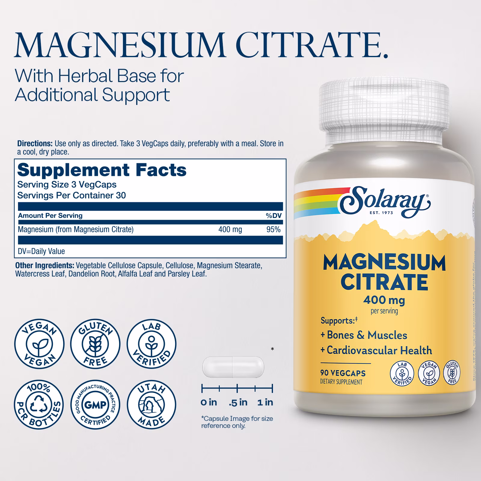 Citrato de Magnesio 400mg, Solaray, 90 Cápsulas - Imagen 2