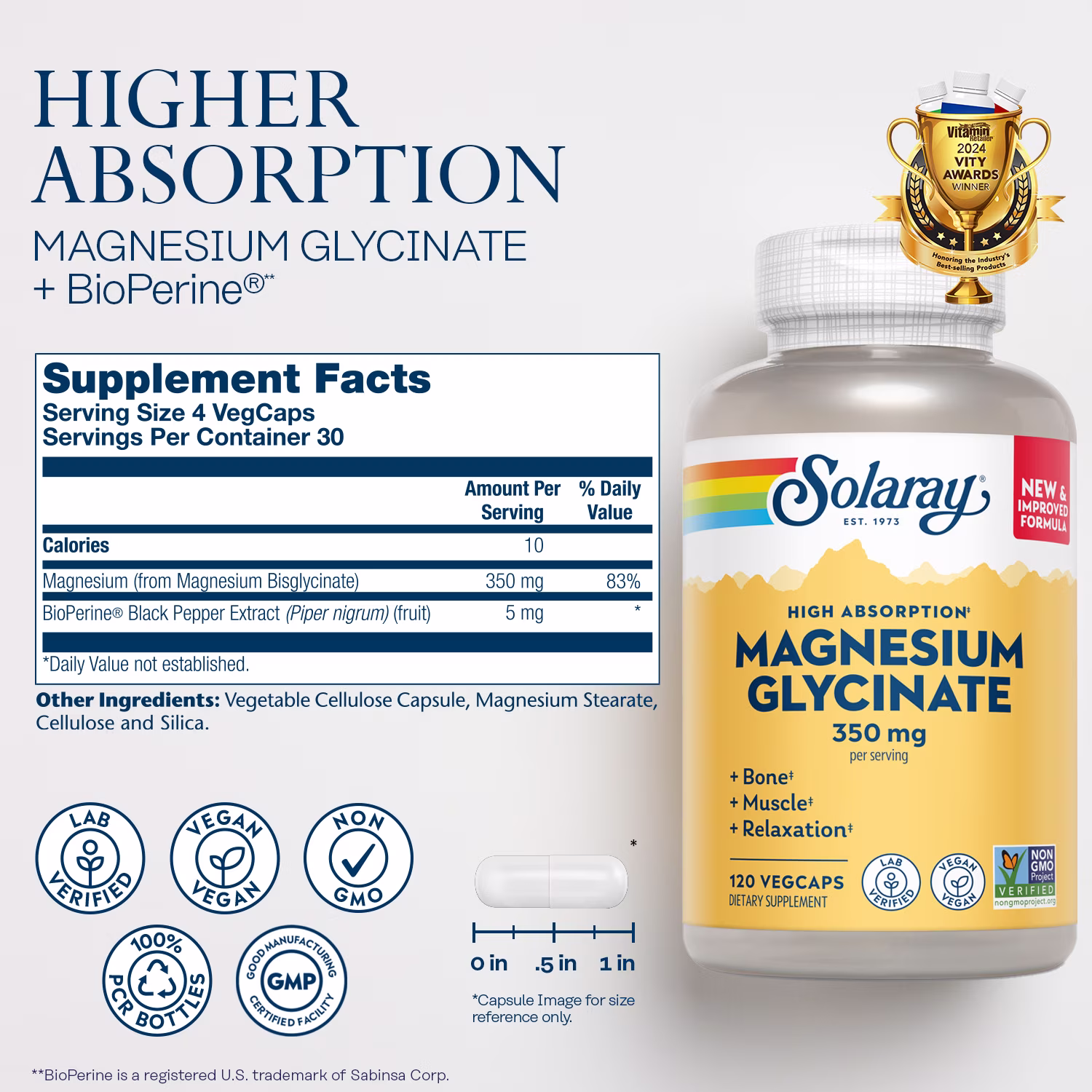 Glicinato de Magnesio con BioPerine 350mg, Solaray, 120 Cápsulas - Imagen 2