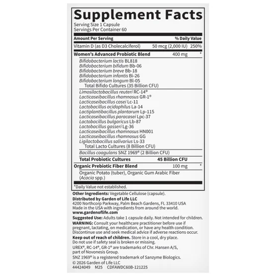 Advanced Women's Daily Care Probiotic, Garden of Life, 60 Capsulas - Imagen 2