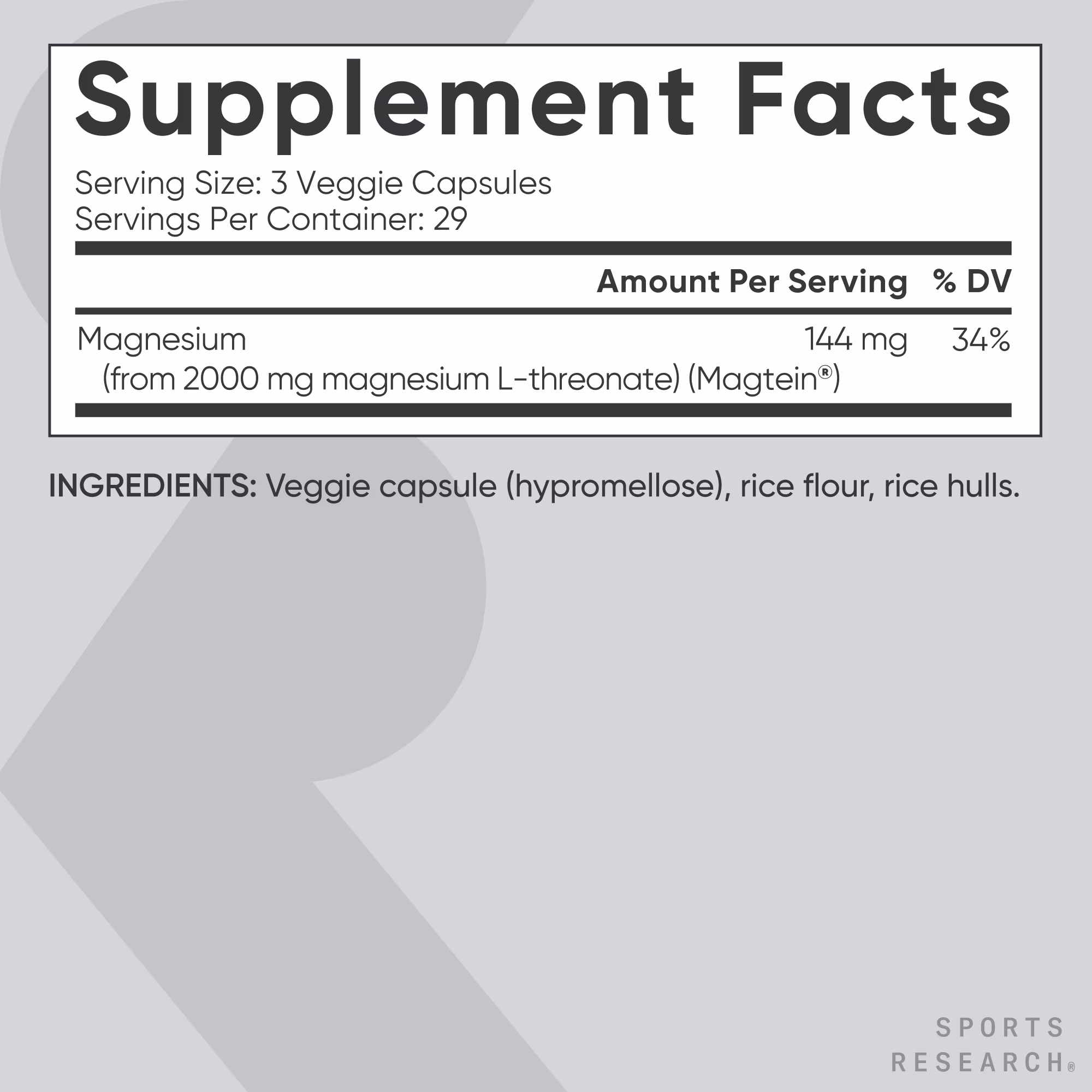 Magnesio L-Treonato Sports Research Magtein® 2000 mg – 87 Cápsulas - Imagen 2