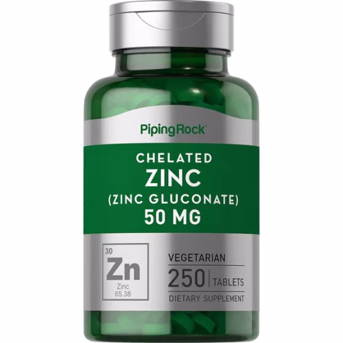 Zinc Quelado 50 mg, Piping Rock 250 Tabletas para Hombre y Mujeres